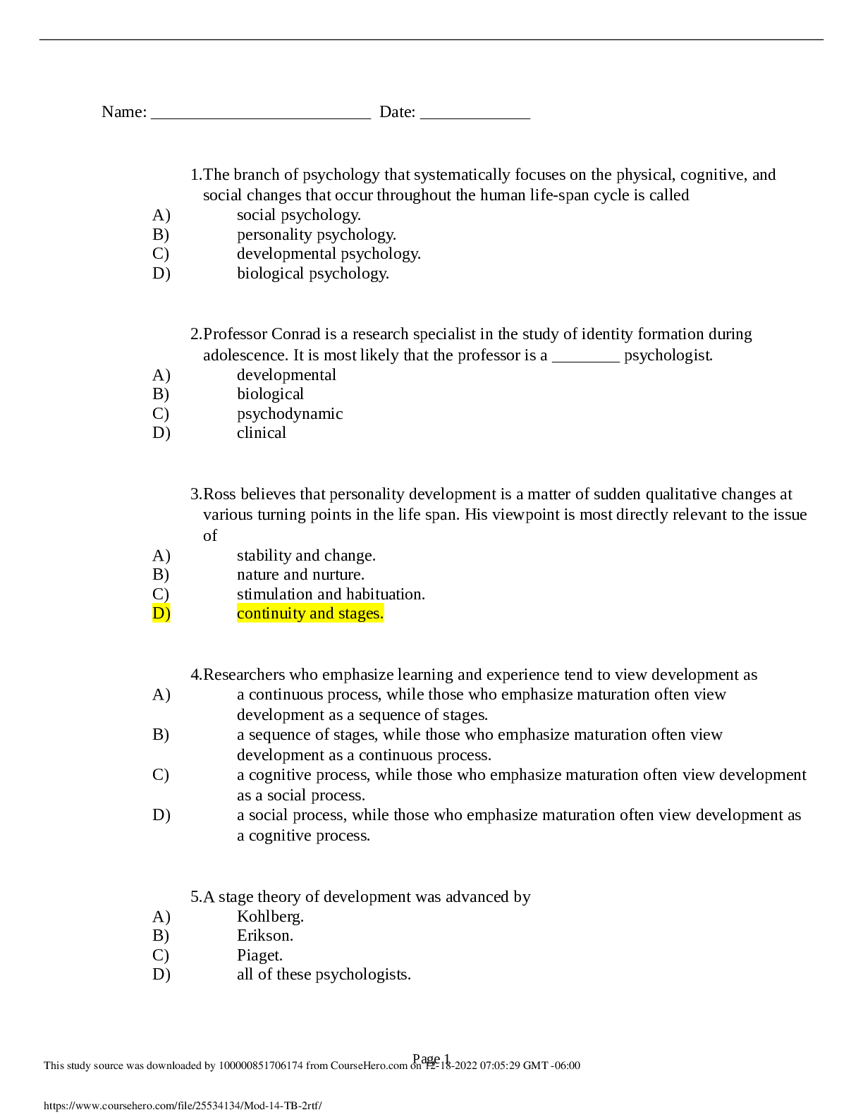 TEST BANK FOR PSYCHOLOGY 13TH EDITION DAVID G. MYERS NATHAN C. DEWALL